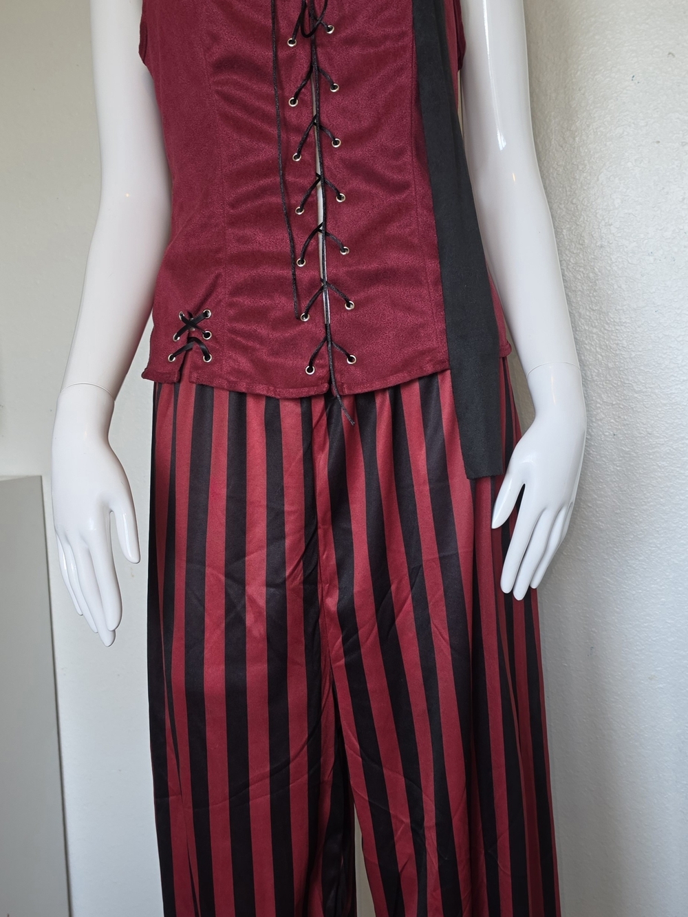 3-Pc Pirate Costume Set | Adjustable Lace-Back Vest & Striped Pants | M/L